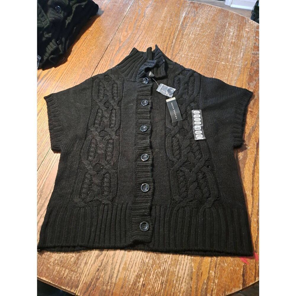 New Lauren Hansen Womens Size Large Black Button Front Knit Cable Sweater NWT